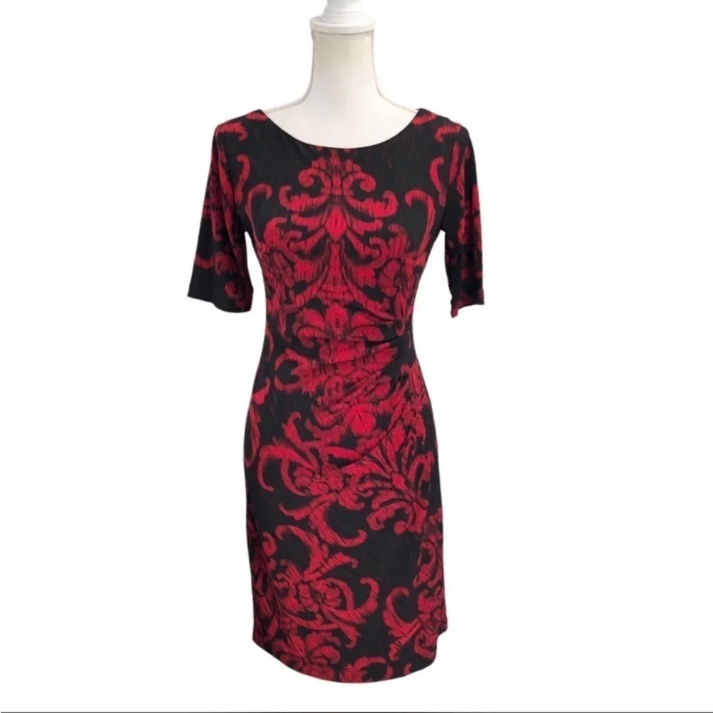 Connected Apparel Women's Elbow Sleeve Printed Sheath Dress Size 4 Petite NWOT